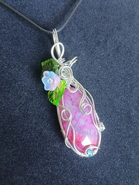 Pink dragon vein agate silver stainless steel wire wrapped necklace new handmade